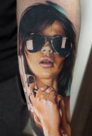 Colorful sexy woman tattoo in arm realistic style