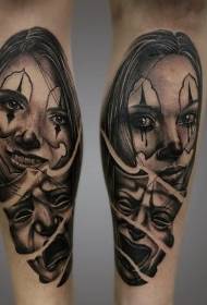 Mexico traditional style black and white women with mask tattoo pattern