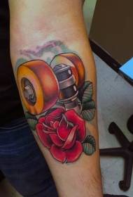Arm new school style colorful skateboard wheels and flower tattoo