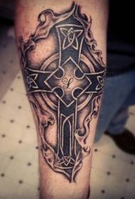 Arm black cross with letter tattoo pattern