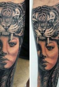 Arm realism style colored woman with tiger skin tattoo