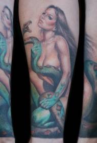 Arm realistic style colorful woman with big snake tattoo