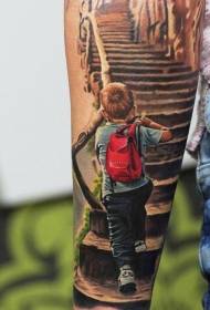 Ilustración en color del colorido niño pequeño caminando escaleras tatuaje