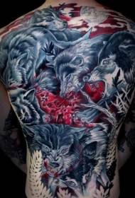 full back color cartoon bloody wolf tattoo pattern