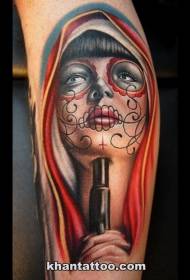 Mexican Traditional Color Woman Portrait with Pistol Tattoo Pattern