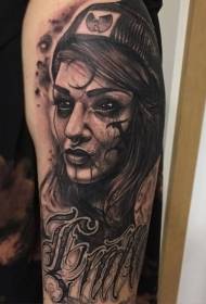 black gray style arm mysterious woman portrait letter tattoo pattern