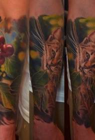 кішкентай қолдың шынайы стиліндегі жабайы мысық және шие татуировкасы