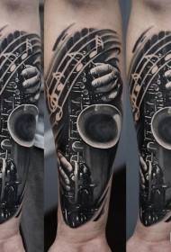 realisimu di braccia Stile saxofone neru è biancu è mudellu di tatuaggi di nota