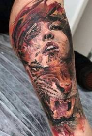 Tiger avatar and girl portrait combination color tattoo pattern