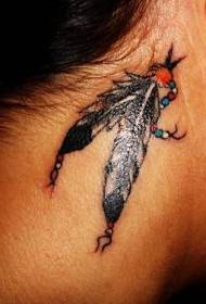 female ear back root color feather tattoo pattern