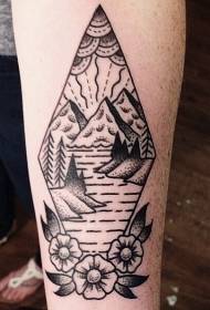 Умјетна текстура црне тачке са планинским ријекама и цвјетним узорком тетоважа
