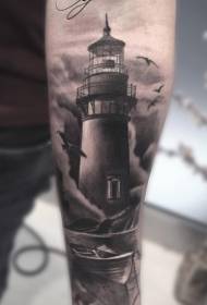 armor gorgeous black and white ancient lighthouse with boat and seagull tattoo pattern