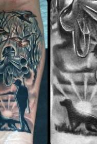 rokas mednieks ar kurtu suņu meža bise tetovējuma modeli