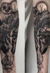 small arm carving style black owl big tree tattoo pattern