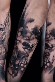 arm black gray style mysterious woman face tattoo pattern