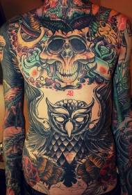 whole body skull with black owl tattoo pattern
