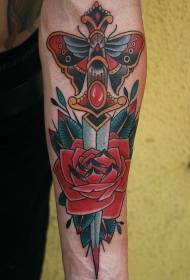 arm old school red rose and dagger butterfly wings tattoo pattern