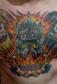 chest old school color demon woman and burning cathedral tattoo pattern