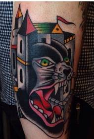 arm old school colorful panther with old castle tattoo pattern