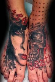 instep color with woman portrait skull tattoo pattern