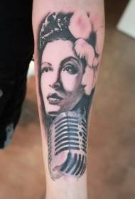 armold School black and white woman portrait microphone tattoo pattern