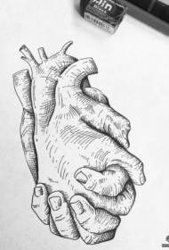 European black and gray hand heart combination tattoo pattern manuscript