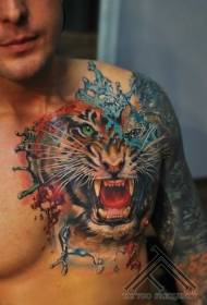 chest realistic realistic water flower and tiger head tattoo pattern