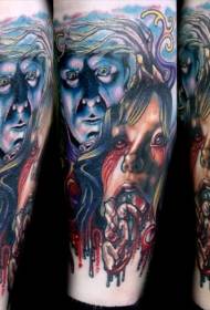 horror style creepy woman with monster face tattoo pattern