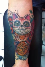 Ankle Mexican style lucky cat color tattoo pattern