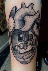 arm old school black heart with sleeping fox tattoo pattern