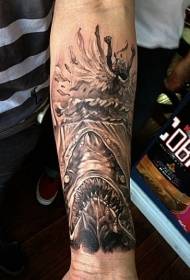 arm zwarte duivel haai en zinkende vrouw tattoo patroon