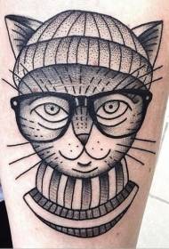 rankos spalvingas juodos durtiškos katės ir akinių tatuiruotės modelis