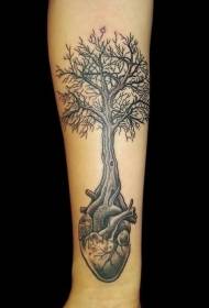 從手臂的心臟生長的樹創意紋身圖案