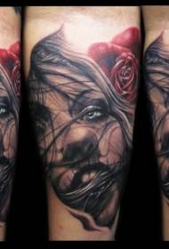 impressive painted realistic girl portrait rose tattoo pattern