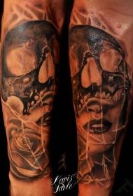 arm horror stijl schedel met vrouw portret tattoo patroon 110628 - Arm portret kleur meisje en ketting tattoo patroon