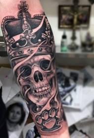 arm black gray style human skull and crown tattoo pattern