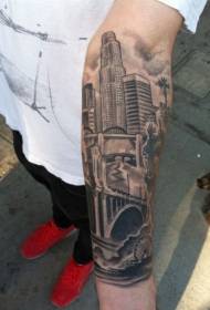 ръка реалистичен черен градски пейзаж татуировка модел