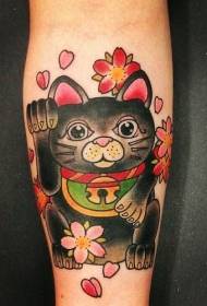작은 팔 작은 행운의 고양이와 여러 가지 빛깔의 꽃 문신 패턴