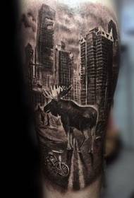 Beso zuri-beltza abandonatutako hiria eta animalien tatuaje eredua