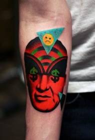 siurrealistinis spalvotas veidas ir įvairūs simbolių tatuiruotės dizainai