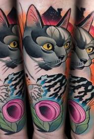 Fock neue Schule Farbe süße Katze mit Blume Tattoo-Muster