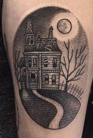 old school arm black oval with vintage abandon house tattoo pattern