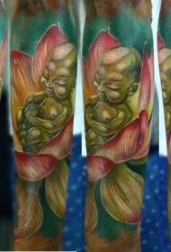 Roztomilý kreslený malý Budha s lotosovým tetovaním