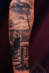 arm black gray style women with tree and coast tattoo pattern
