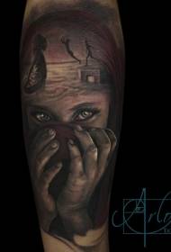 small arm black sad girl portrait with mysterious portrait tattoo pattern