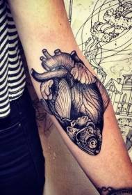 Black Grey Heart Combined with Fish Arm Tattoo Pattern
