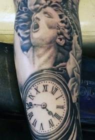 gorgeous black statue with old clock tattoo pattern