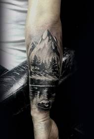 arm black and white forest and lake tattoo pattern