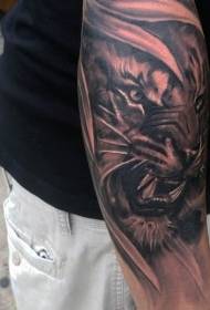 Black Grey Style Angry Tiger Arm Tattoo Pattern