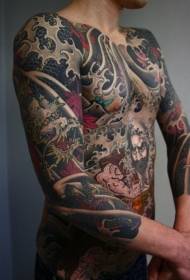 Veelkleurig tattoo-patroon met draak en krijger in Aziatische stijl